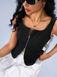 Hanevo 女式拉链合身休闲背心，黑色 - 黑色 - 查看 1