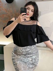 Dazy Plus 大码夏季优雅网眼拼布荷叶边露肩衬衫 - 黑色 - 查看 6