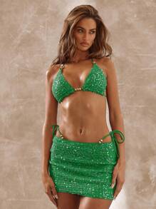 Musera Resort 低腰亮片针织迷你裙罩衫波西米亚风伊比沙岛可爱性感度假夏季海滩泳装性感泳装优雅春节 - 綠色 - 查看 2