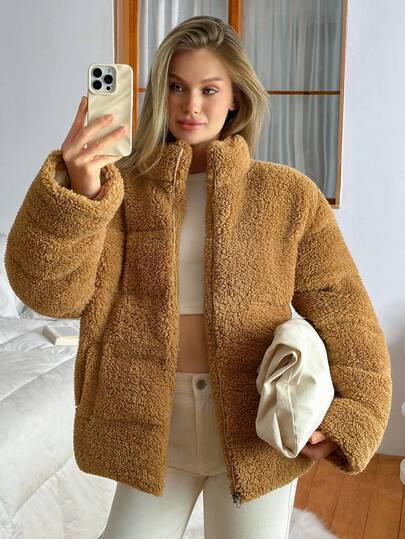 EURMUSE Teddy Bear Fleece Fitted Form Zip Up Pocket Jacket Fleece Teddy Coat Teddy Jacket Sherpa Jacket Brown Jacket Women Oversized Jacket Warm Clothes Women Teddy Jacket Women Brown Teddy Jacket Oversized Teddy Coat Fleece Jacket Women Faux Fur Coat Brown Sweater