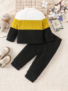 SHEIN Playful Pals Baby Boy Letter Graphic Two-Tone Long Sleeve Sweatshirt And Pants Casual Set Fall Winter - Yellow - View 2