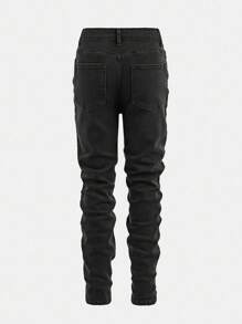 修身骷髅十字架印花男童牛仔裤，可调节腰围，经典五口袋设计，充满万圣节氛围，街头风必备单品 - 黑色 - 查看 2