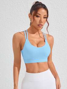 Gameset SHEIN Sport 女士纯色交叉后背无缝运动瑜伽文胸 - 淺藍色 - 查看 6