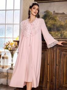 SHEIN 撞色蕾丝系带睡袍和连衣裙睡衣套装，秋季服装 - 淺粉色 - 查看 1