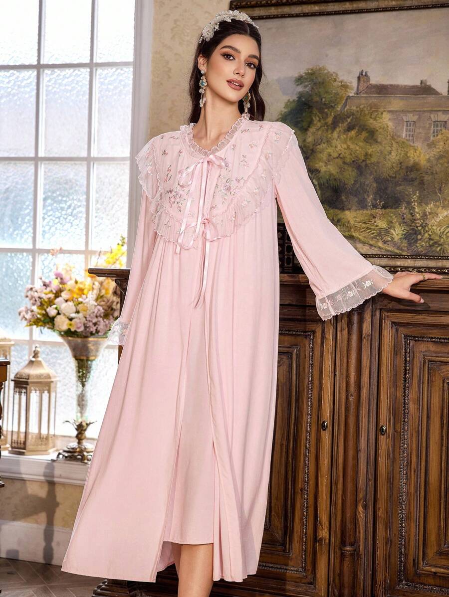 SHEIN 撞色蕾丝系带睡袍和连衣裙睡衣套装，秋季服装 - 淺粉色 - 查看 1