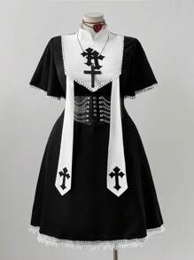 Sunspun 大码女式复古朋克风格十字缎带蕾丝边中长连衣裙 - 黑色 - 查看 7