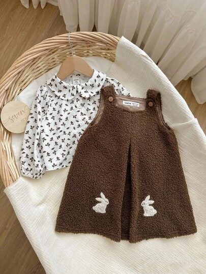 SHEIN Babygirl Cute & Versatile Rabbit Pattern Dress And Floral Long Sleeve Shirt Set Brown Baby Dress Toddler Girl Dress Bunny Baby Dress Mocha Baby Clothes Fall Winter