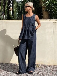 Livesso 女士荷叶边下摆圆领无袖上衣和牛仔裤休闲牛仔套装 - 深色水洗藍 - 查看 3