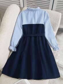 Tween Girls Elegant Striped Patchwork Long Sleeve Dress - Multicolor - View 2