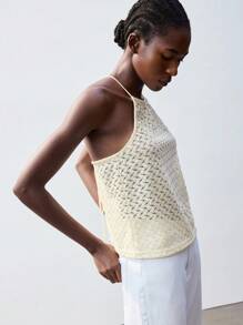 Maija Women's Cream White Summer Hollow-Out Crisscross Halter Knit Tank Top,Casual Vacation Bohemian Style,Loose Fit Sleeveless Versatile Holiday Clothing - Apricot - View 8