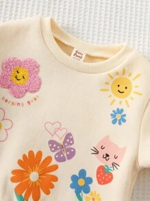 Cozy Pixies 女婴两件套柔软针织植物花卉图案圆领长袖毛衣上衣和松紧腰裤套装 - 杏色 - 查看 5