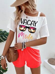 SHEIN LUNE Women Summer Letter & Palm Tree Print Asymmetrical Neck Short Sleeve T-Shirt And Shorts 2 Pieces Set - Multicolor - View 3