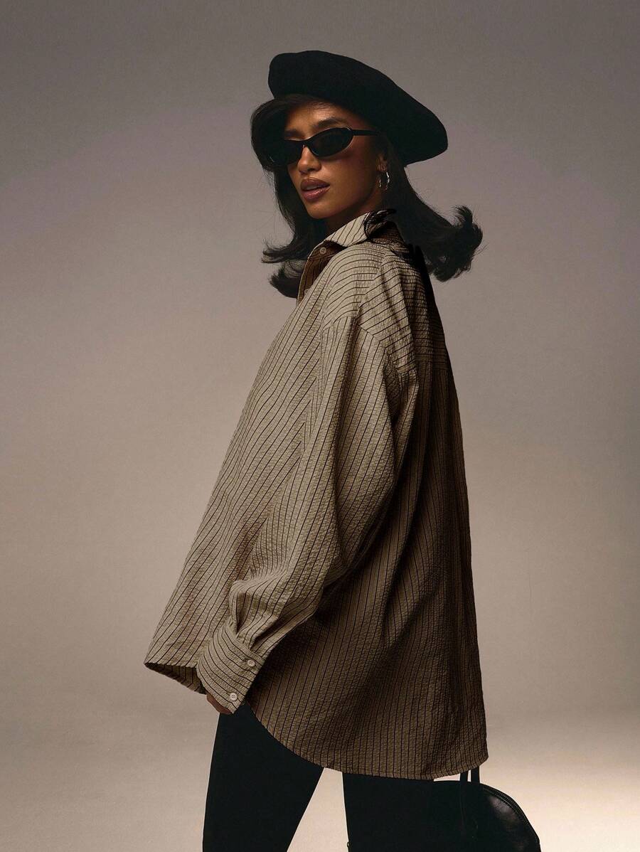 Athîral 女士前扣领长袖粉色条纹简约衬衫情人节款 - 棕色 - 查看 1