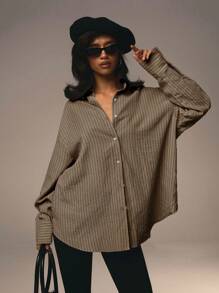 Athîral 女士前扣领长袖粉色条纹简约衬衫情人节款 - 棕色 - 查看 4