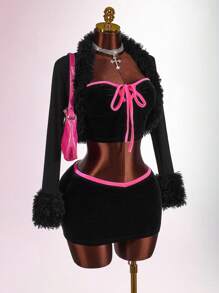 Amplova Solid Fuzzy Trim Open Front Crop Fall Clothes Women Jacket - Black - View 1