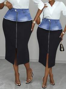 SHEIN Lady Váy denim xẻ tà màu tương phản dành cho nữ cỡ lớn, thiết kế tua rua, viền xẻ, dáng suông, công sở mùa hè - Rửa trung bình - Xem 2