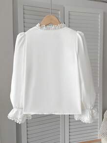 SHEIN Tween Girl Casual Elegant Fitted Stand Collar Lace Trim Button Front Puff Sleeve White Woven Blouse, Suitable For Back To School, Casual, Party And Multiple Occasions - White - View 3