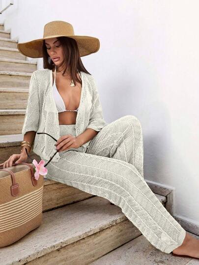 EURMUSE 2 Pieces Crochet Beachwear Set – Short-Sleeve Button-Up Top And High-Waist Skirt