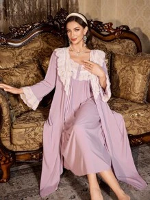 PalaceNights 2pcs Women's Floral Embroidery Splice Satin Long Sleeve Robe And Long Nightgown Pajama Set, Fall Winter Clothes - Purple - View 4