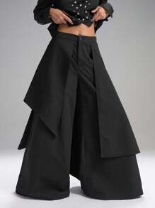 SHEIN EZwear 秋冬大码女式纯色拼接设计宽腿宽松裤 - 黑色 - 查看 6