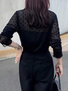 FRIFUL 女式纯黑色透明波尔卡圆点网眼高领休闲长袖上衣 - 黑色 - 查看 5