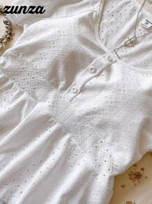 Stylish White Scoop Neck T-Shirt For Teen Girls With Short Puffed Sleeves White Babydoll Top Summer Babydoll Top Eyelet Babydoll Top Babydoll Top With Sleeves White Summer Blouse - White - View 4