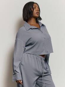 MUSERA Plus Size Striped Cropped Button Down Shirt Collared Cute Holiday Elegant Romantic Shirt Curve Collective Spring Summer Easter - Grey - View 4