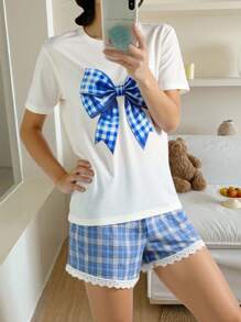 2pcs Teen Girls Cartoon Bowknot Print Plaid Short Sleeve Top & Shorts Colorblock Ruffle Trim Comfortable Casual Summer Pajamas Set - Blue and White - View 12