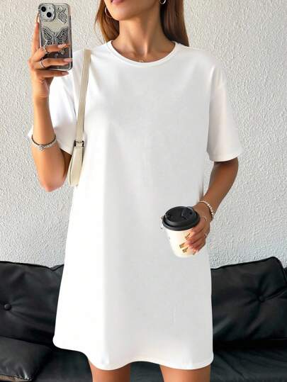 SHEIN EZwear Oversized Casual White Short Sleeve T-Shirt Dress, Suitable For Summer Suitable For Going Out Chic Dress