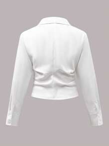 Tween Girls Casual Solid Color Asymmetric Hem Long Sleeve Shirt - White - View 2