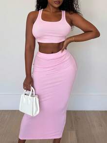 Alexandranx Conjunto de dos piezas para mujer, top sin mangas y falda, de unicolor y diseño sencillo - Rosa - Ver 3