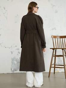 DAZY Women's Loose Business Casual Elegant Stand Collar Brown Cinched Waist Overcoat, Suitable For New Year, Christmas, Autumn/Winter - Chocolate Brown - View 10