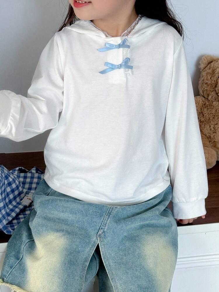 Young Girl Bow Decor Long Sleeve Hooded Casual T-Shirt