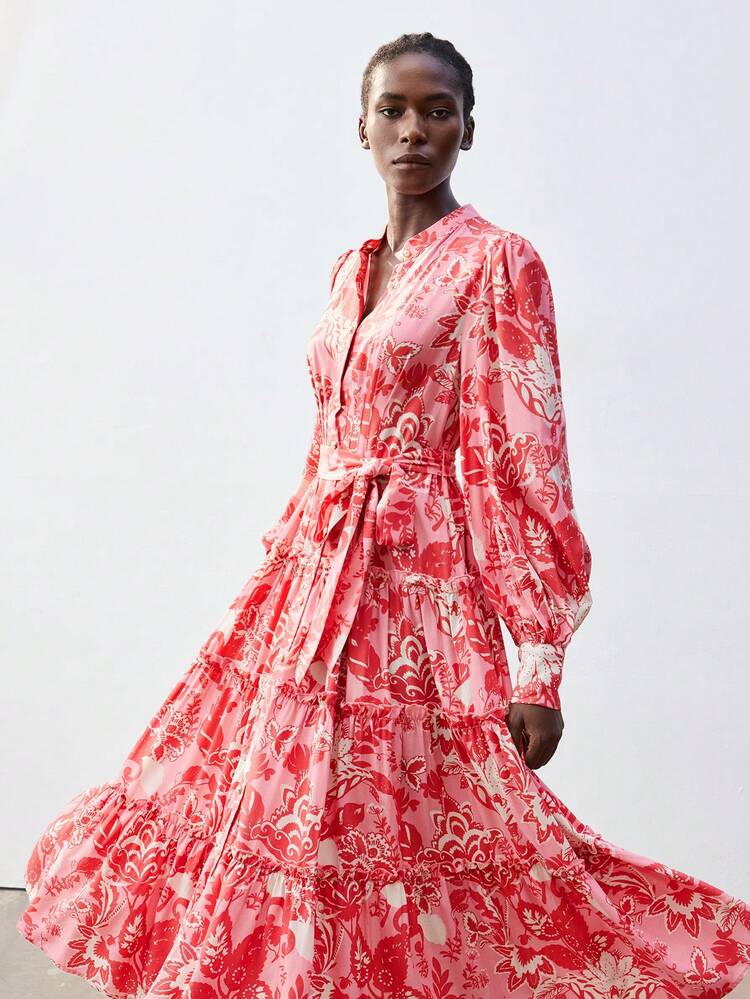 SHEIN Maija Water Red & Light Yellow Floral Printed Loose Fit Relaxed Shoulder Shirt Dress With Detachable Belt, Comfortable & Fashionable For Spring/Summer Vacation, Bohemian Style, Maxi Length, Versatile All-Match Summer Clothing For All Seasons, Modern Holiday Fashion Design, Comfortable Beach Beach Clothing, Bohemian Style, Isabi Island Holiday Wear, Summer Dopamine Holiday Wear, Ins Same Style Holiday Style, Exotic Atmosphere, Country Concert, Western Style Clothing