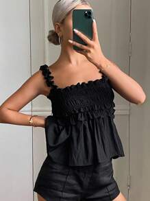 DAZY Damen einfarbiges figurbetontes Spitzen-Schnürung Schwarz Lässig Urlaubs-Trägertop, Ausgehen