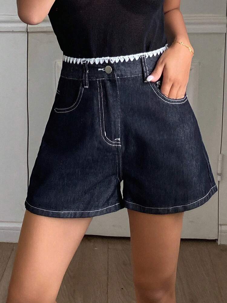 Contrast Trim Casual Western Style Straight Leg Denim Shorts With Pockets For Women, Summer Jorts