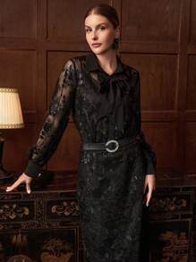 ZEYLAH 女士蕾丝亮片长袖上衣和中长裙优雅套装，秋冬 - 黑色 - 查看 6
