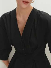 BizChic Women's Black Lantern Sleeve A-Line V-Neck Urban Commuting Office Business Casual Elegant Blouse, Ladies Professional Formal Wear Top - Black - View 5