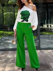 INAWLY 女士玫瑰花卉印花不对称领口灯笼袖上衣和裤子时尚两件套 - 綠色 - 查看 1
