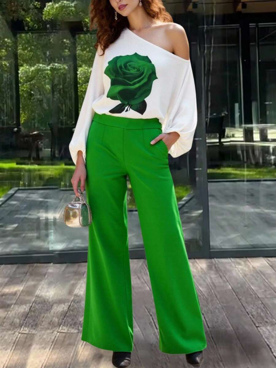 INAWLY 女士玫瑰花卉印花不对称领口灯笼袖上衣和裤子时尚两件套 - 綠色 - 查看 1