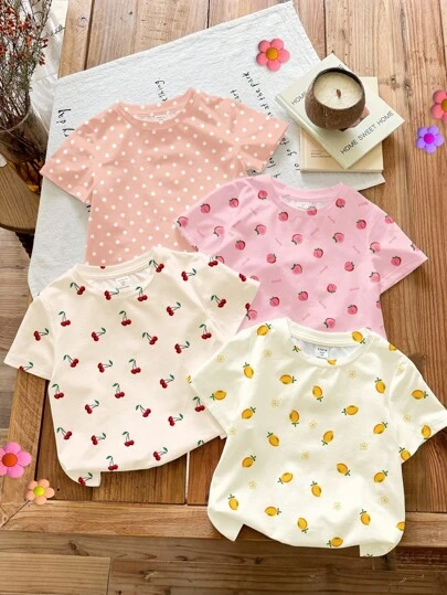 SHEIN 4件套女婴可爱多巴胺、波尔卡圆点、水果柠檬、樱桃、桃子印花圆领短袖T恤，休闲简约风格，奶油白色、奶油杏色、奶油粉色、奶油橙色，适合春夏季