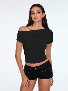TRNVIE Tricou decupat pentru femei cu umeri oblici - Negru - Vizualizare 5