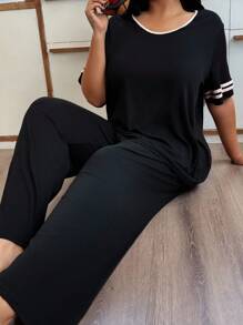 SHEIN 加大码柔软亲肤撞色休闲睡衣套装 - 黑色 - 查看 6