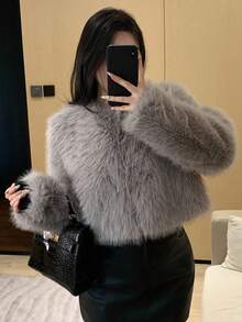 DAZY 女士时尚优雅仿皮草前开短款秋冬外套 - 灰色 - 查看 7