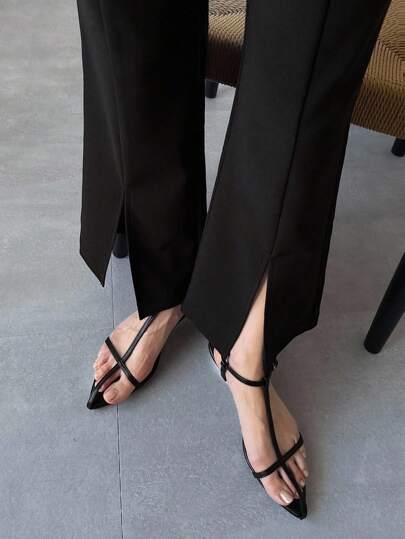 FRIFUL 女式黑色纯色松紧腰喇叭下摆开衩裤，修身百搭休闲商务长裤