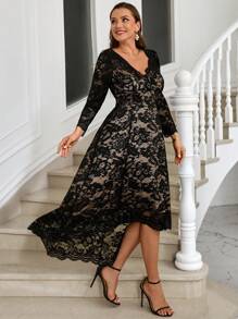 Gownix Curvy Plus Size Women's Lace V-Neck Spliced ​​Short Front And Long Back Romantic Elegant Long-Sleeved Long Dress, Suitable For Autumn And Winter, Guest Party Party Dress, Going Out,Holiday Dress,Christmas Party Dress ,Knit Dress,New Years Outfit - Black - View 3