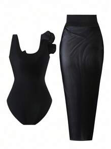 Swim Oasis Conjunto de traje de baño de 2 piezas con parte superior y falda volada de capa doble de malla, en unicolor, de alta para primavera y verano