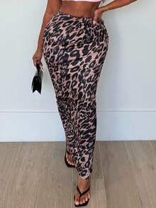 Alexandranx 優雅海灘度假豹紋彈性針織女人魚裙，緊身款式，具彈性腰帶 - 彩色 - 查看 2