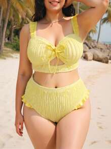 Swim Mod Plus Summer Beach Boho Drawstring Ruffle Trim Bikini Swimsuit ,Back To School,Butter Yellow,Birthday Swimsuit,Seaside - Yellow - View 3