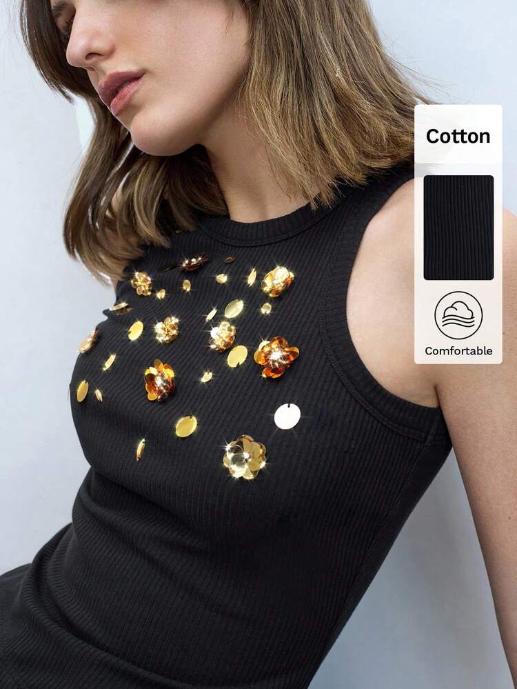 SHEIN Maija Women's Summer Fashionable Versatile Round Neck Metal Floral 3D Decor Sleeveless Knit Bodycon Mini Dress, Suitable For Vacation, Music Festival, Party, 4th Of July, Pride Month. Women's Summer Outfit,Suitable For Summer Vacation Outfits Woman Beach Vacation Outfits,Birthday Outfits For Women,Club Outfit,Shining Party,Slim-Fitting And Flattering, Classic And Practical,Party